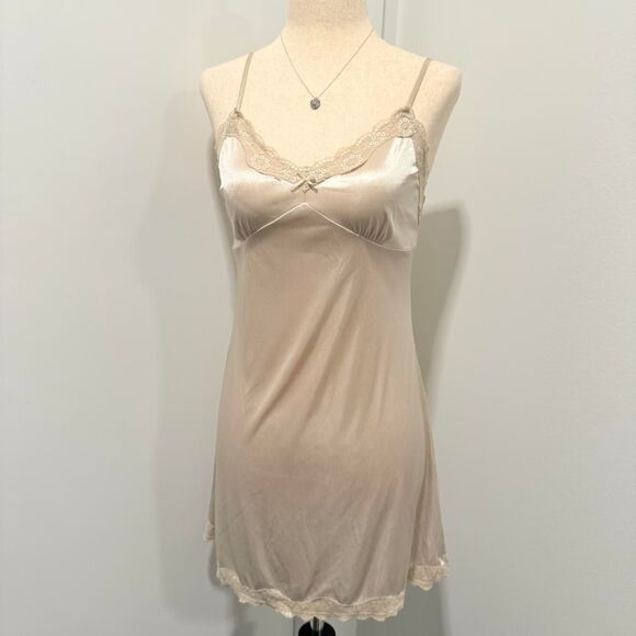 ♡ champagne satin + lace-trim mini slip dress • vintage nightie ♡ - Picture 1 of 4